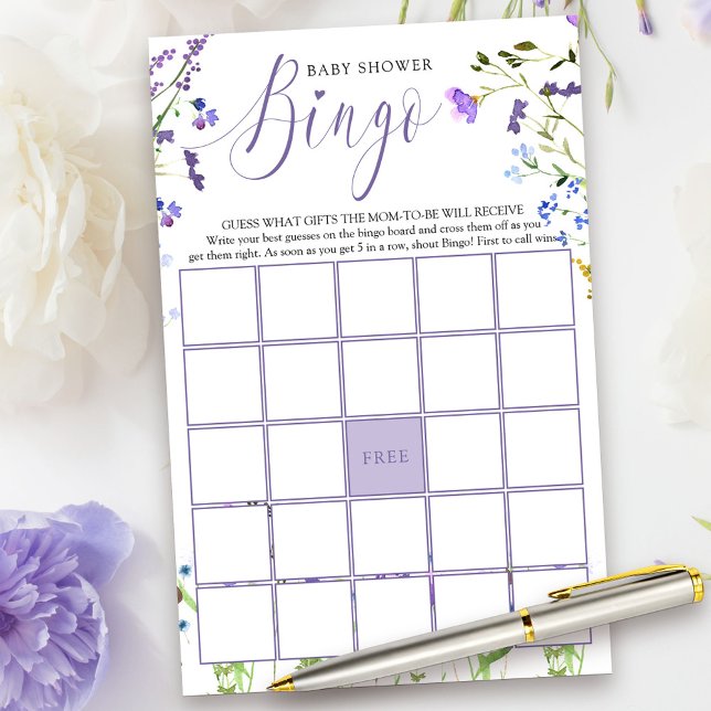 Lila Wildblume Baby Dusche Bingo Spiel (Bingo Game Card from my Purple Wildflower Collection.)