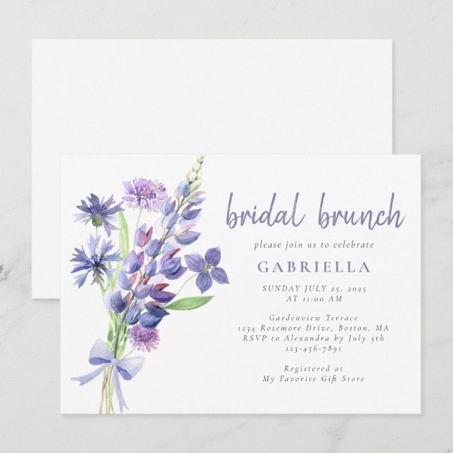 Lila Wildblume Bouquet Bridal Brunch Einladung (Vorne/Hinten)