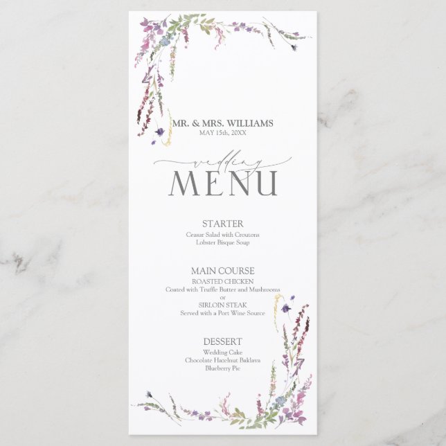 Lila Wildblume Calligraphy Wedding Menu Menükarte (Vorderseite)