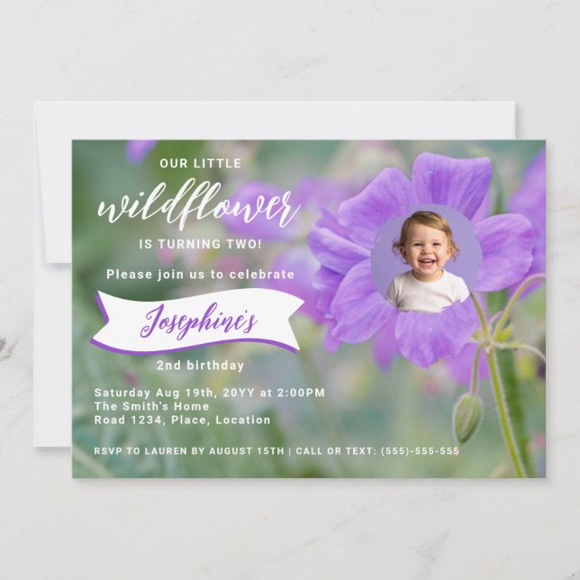 Lila Wildblume Custom Foto Kinder Geburtstag Einladung (Vorderseite)