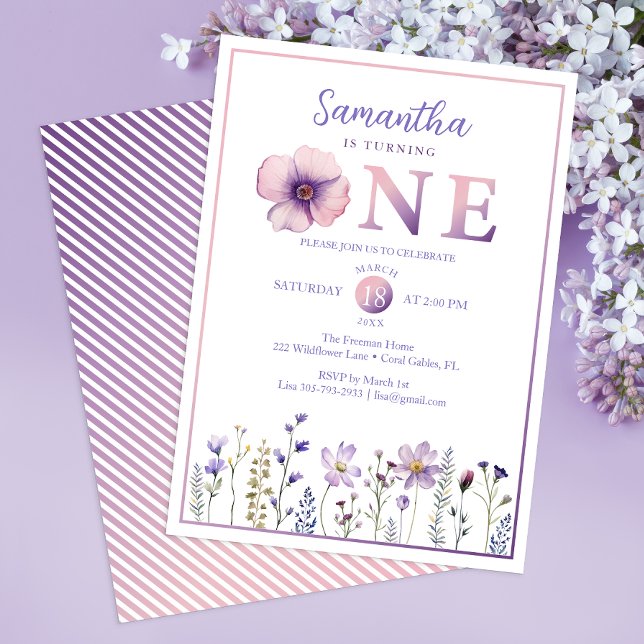 Lila Wildblume, die sie eine Einladung macht (Floral First Birthday Party Invitation)