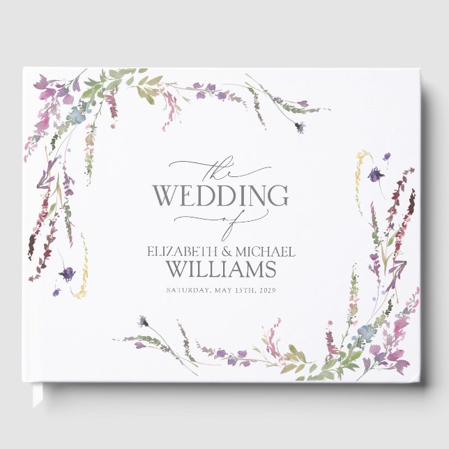 Lila Wildblume Kalligraphie Hochzeit Gästebuch (Vorderseite)