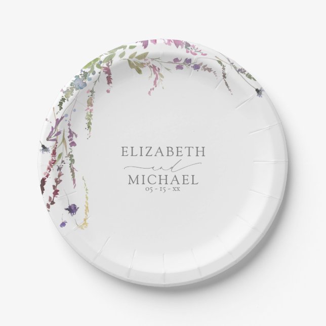 Lila Wildblume Kalligraphie Hochzeit Pappteller (Vorderseite)