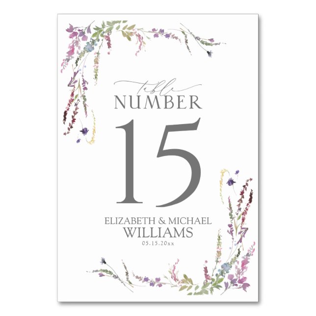 Lila Wildblume Kalligraphie Hochzeit Tischnummer (Vorderseite)