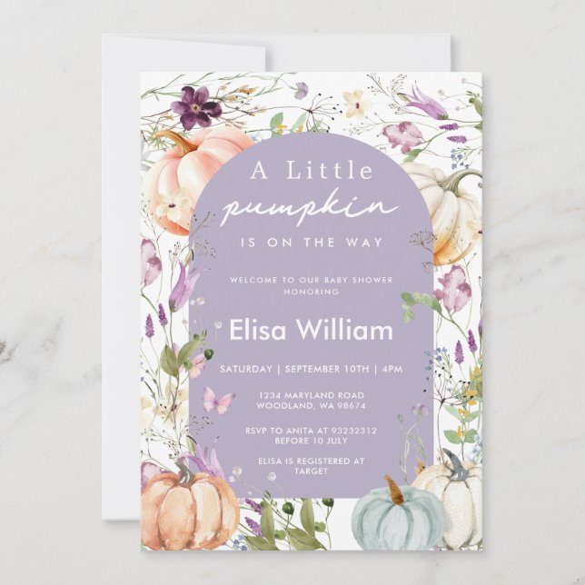 Lila Wildblume Pumpkin Baby Dusche Garten Party Einladung (Vorderseite)