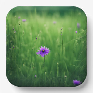 Lila Wildblumen auf dem grünen Feld Pappteller