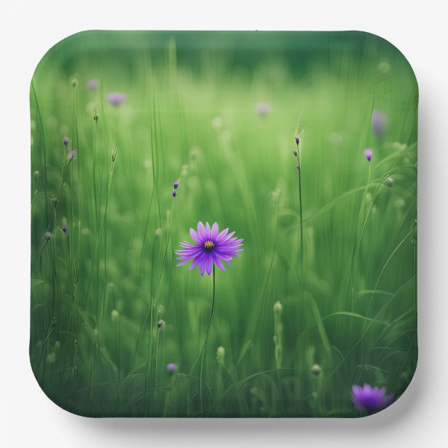 Lila Wildblumen auf dem grünen Feld Pappteller (Vorderseite)
