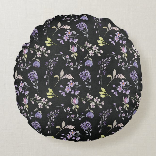 Lila Wildblumen auf Schwarz Rundes Kissen (Vorderseite)