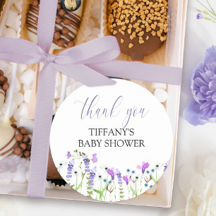 Lila Wildblumen-Baby-Shower-Dankeschön-Skript Runder Aufkleber