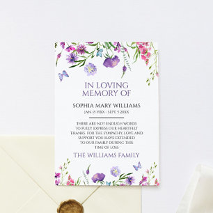 Lila Wildblumen Beileid-Speicher dank Karte