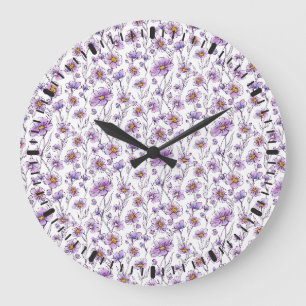 Lila Wildblumen-Botanikmuster-Design Große Wanduhr