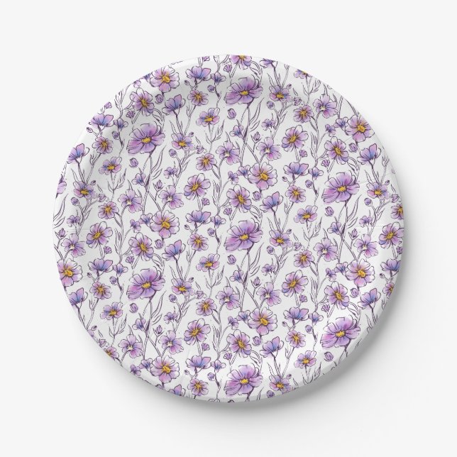 Lila Wildblumen-Botanikmuster-Design Pappteller (Vorderseite)