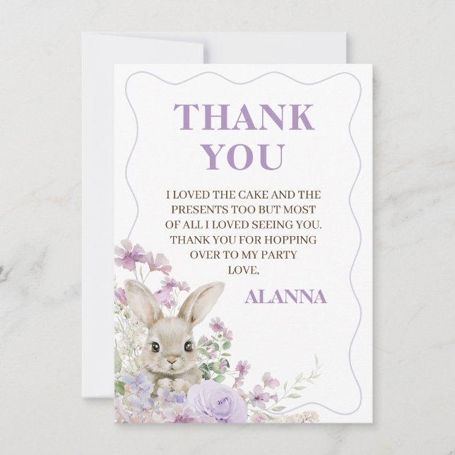 Lila Wildblumen Bunny Birthday Danke Karte (Vorderseite)