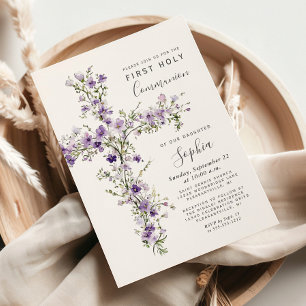 Lila Wildblumen Florales Kreuz Erstkommunion Einladung