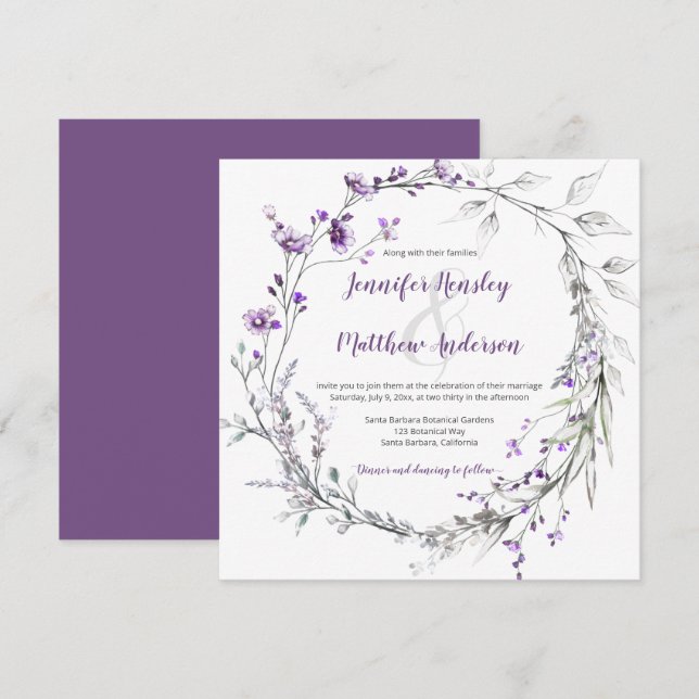 Lila Wildblumen Grünpflanzen Blumenreath | Einladung (Vorne/Hinten)