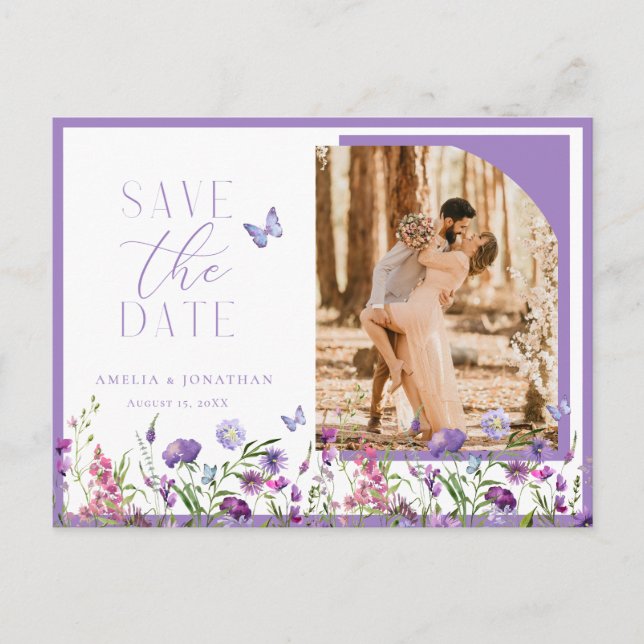 Lila Wildblumen Save the Date Hochzeit Postkarte (Vorderseite)