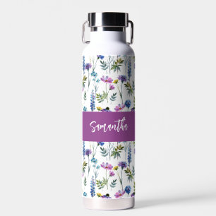Lila Wildblumen-Wasserfarbe-Monogramm-Name Trinkflasche