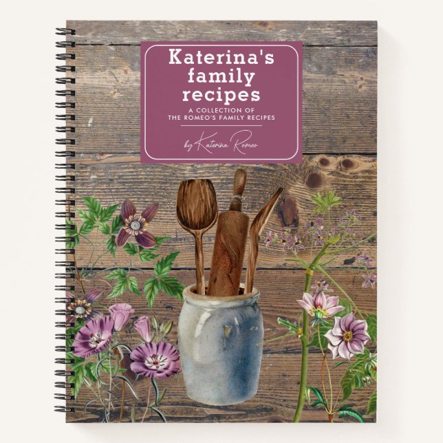 Lila Wildblumen Wood Kitchen Utensils Rezept Notizbuch (Vorderseite)