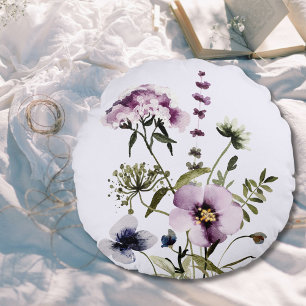 Lila Wildblumenstrauß Wasserfarben Floral Rundes Kissen