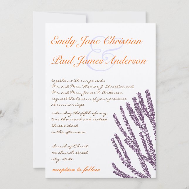 Lila Wilde Blume & Korallen Schriftart Hochzeit Ei Einladung (Vorderseite)