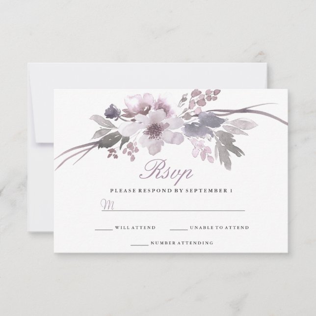 Lila Winter Hochzeit mit Flora und Fauna UAWG RSVP Karte (Vorderseite)