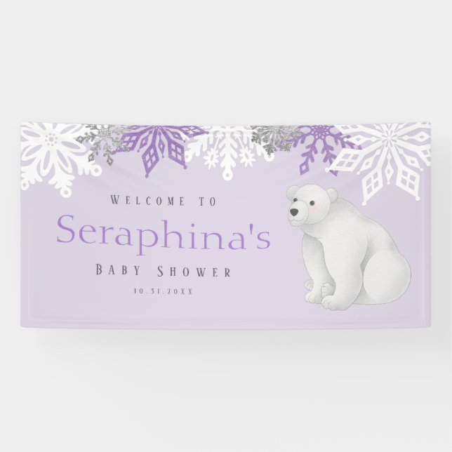Lila Winter Polar Bear Baby Dusche Banner (Horizontal)