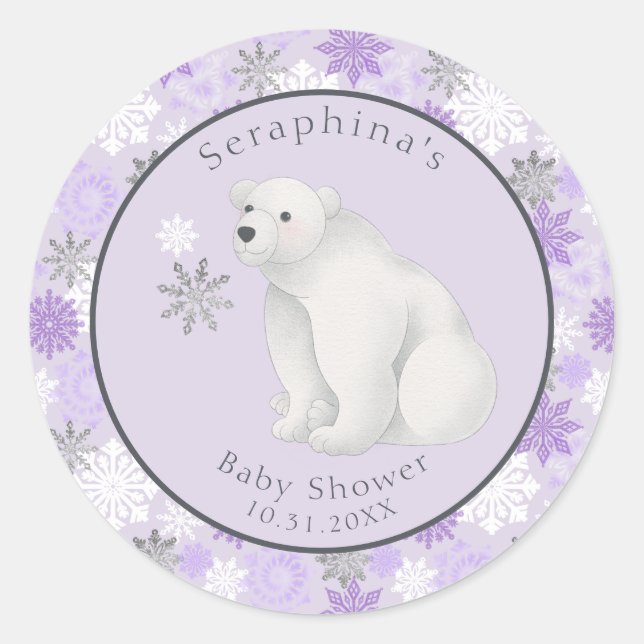 Lila Winter Polar Bear Baby Dusche Runder Aufkleber (Vorderseite)