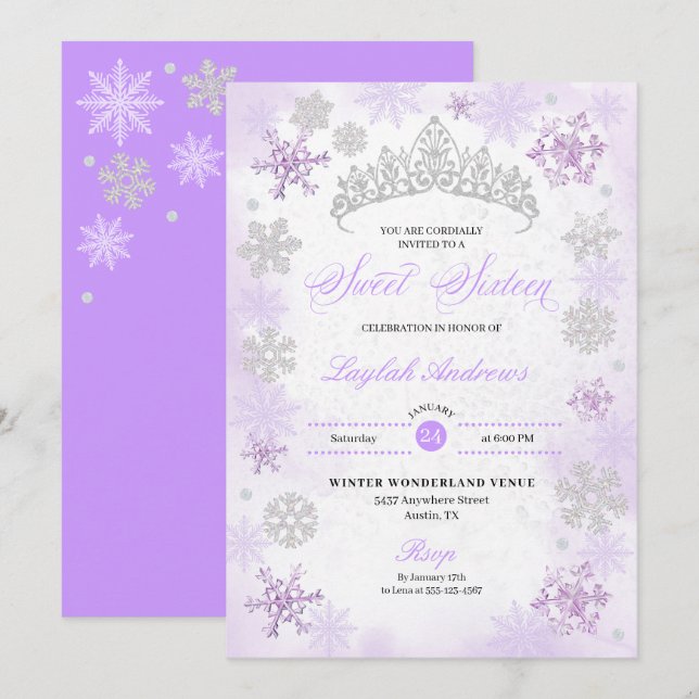 Lila Winter Wonderland Snowflake Sweet 16 Einladung (Vorne/Hinten)
