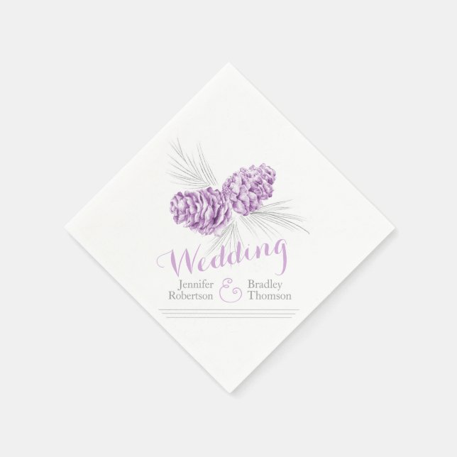 Lila Winterkiefernzapfen Hochzeitszettel Serviette (Ecke)