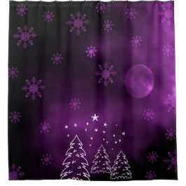 Lila Winternacht mit Modemschneeflocken Duschvorhang