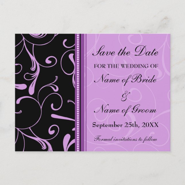 Lila Wirbel Save the Date Hochzeitspostkarten Ankündigungspostkarte (Vorderseite)
