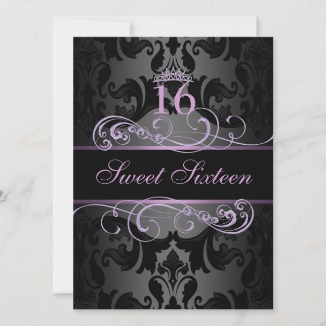 Lila wirl Damask Sweet16 Geburtstag Einladung (Vorderseite)