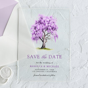 Lila Wisteria-Blumenbaum-Hochzeit - Termin vormerk Acryleinladungen
