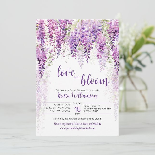 Lila Wisteria Brautparty Einladung (Stehend Vorderseite)