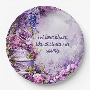 Lila Wisteria Brautparty Tafel mit Kuchen Pappteller
