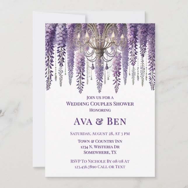 Lila Wisteria Candelier Wedeldusche Einladung (Vorderseite)