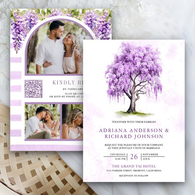 Lila Wisteria Floral Tree Foto QR Code Hochzeit Einladung (Von Creator hochgeladen)