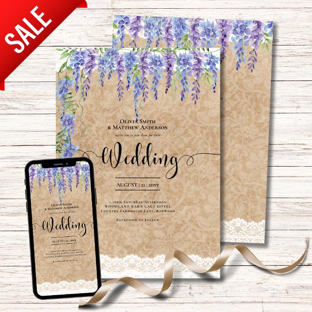 Lila Wisteria Floral Wedding Rustic Lace Look Einladung (Von Creator hochgeladen)