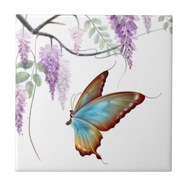 Lila Wisteria Flowy Blume Butterfly Fliese (Vorderseite)
