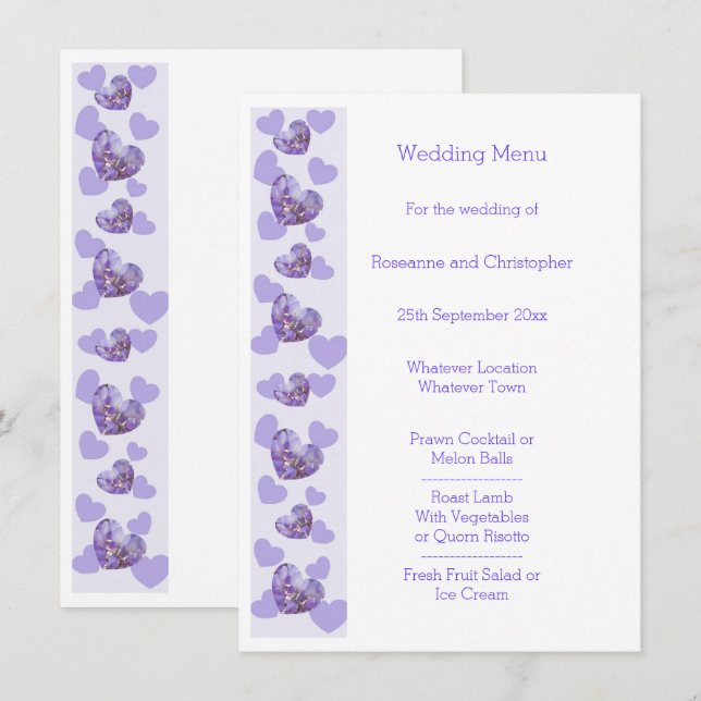 Lila Wisteria Heart Design Wedding Menu Menükarte (Vorne/Hinten)