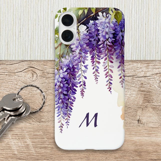 Lila Wisteria Locarno iPhone 16 Plus Hülle (A chic monogrammed phone case, with purple wisteria illustration in a watercolor style)