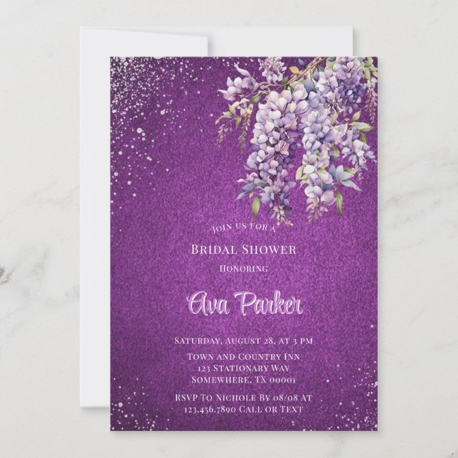 Lila Wisteria Silver Glitzer Brautparty Einladung (Vorderseite)