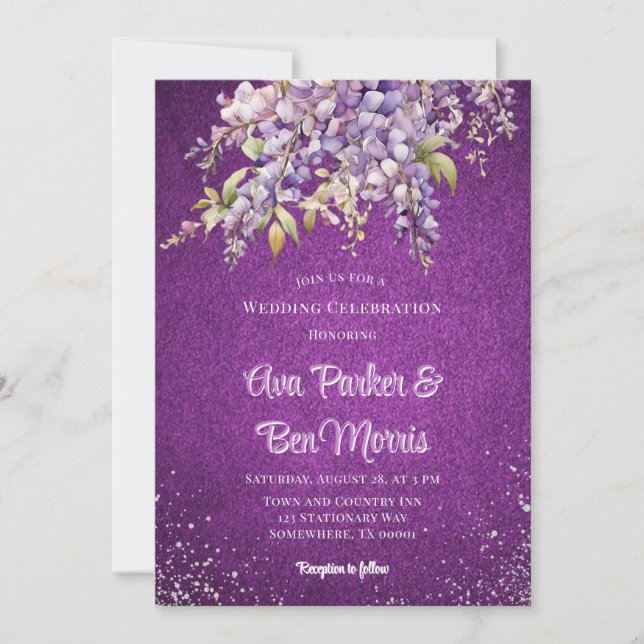 Lila Wisteria Silver Glitzer Luxury Wedding Einladung (Vorderseite)