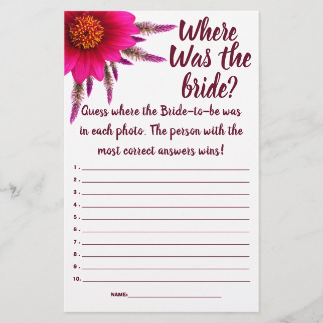 Lila Wo war die Braut? Duschspielkarte Flyer (Vorne)