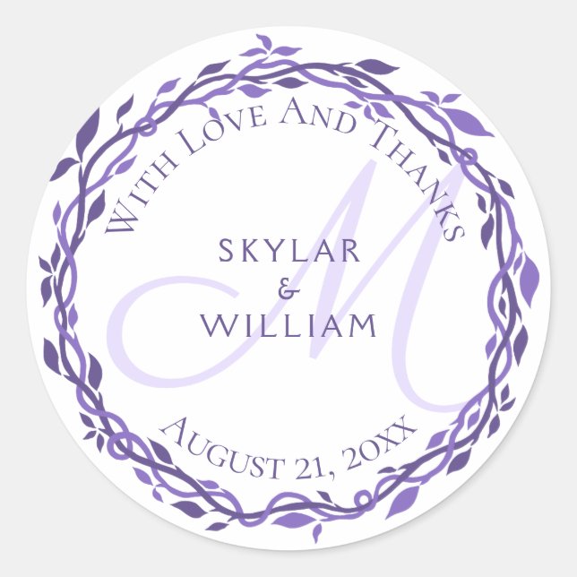 Lila Woodsy Wedding Monogram Liebe und vielen Dank Runder Aufkleber (Vorderseite)