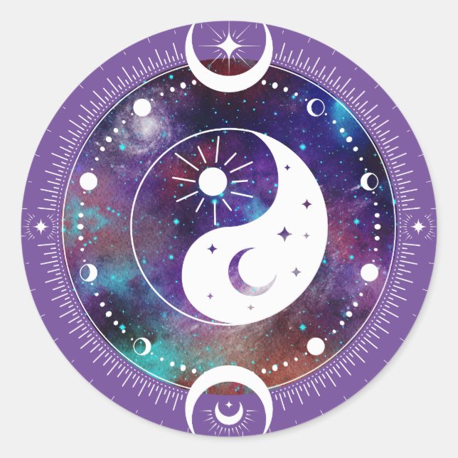 Lila Yin Yang Galaxy und Crescent Moon Mystical Runder Aufkleber (Vorderseite)