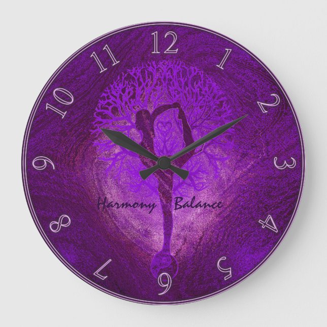 Lila Yoga-Baum-Uhr Große Wanduhr (Vorderseite)