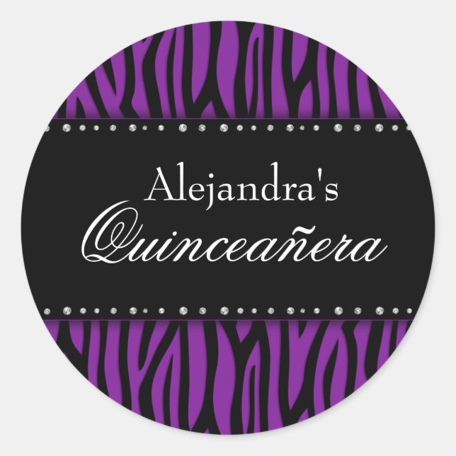 Lila Zebra Diamonds Quinceanera Runder Aufkleber (Vorderseite)