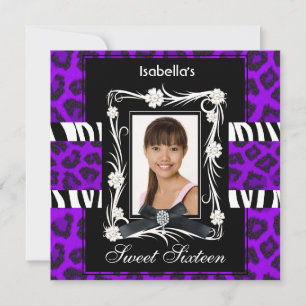 Lila Zebra Leopard Sweet Sixteen 16 Schwarz Weiß Einladung