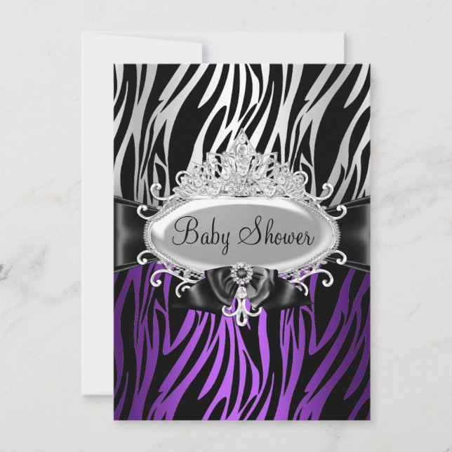 Lila Zebra Print & Tiara Baby Dusche laden ein Einladung (Vorderseite)
